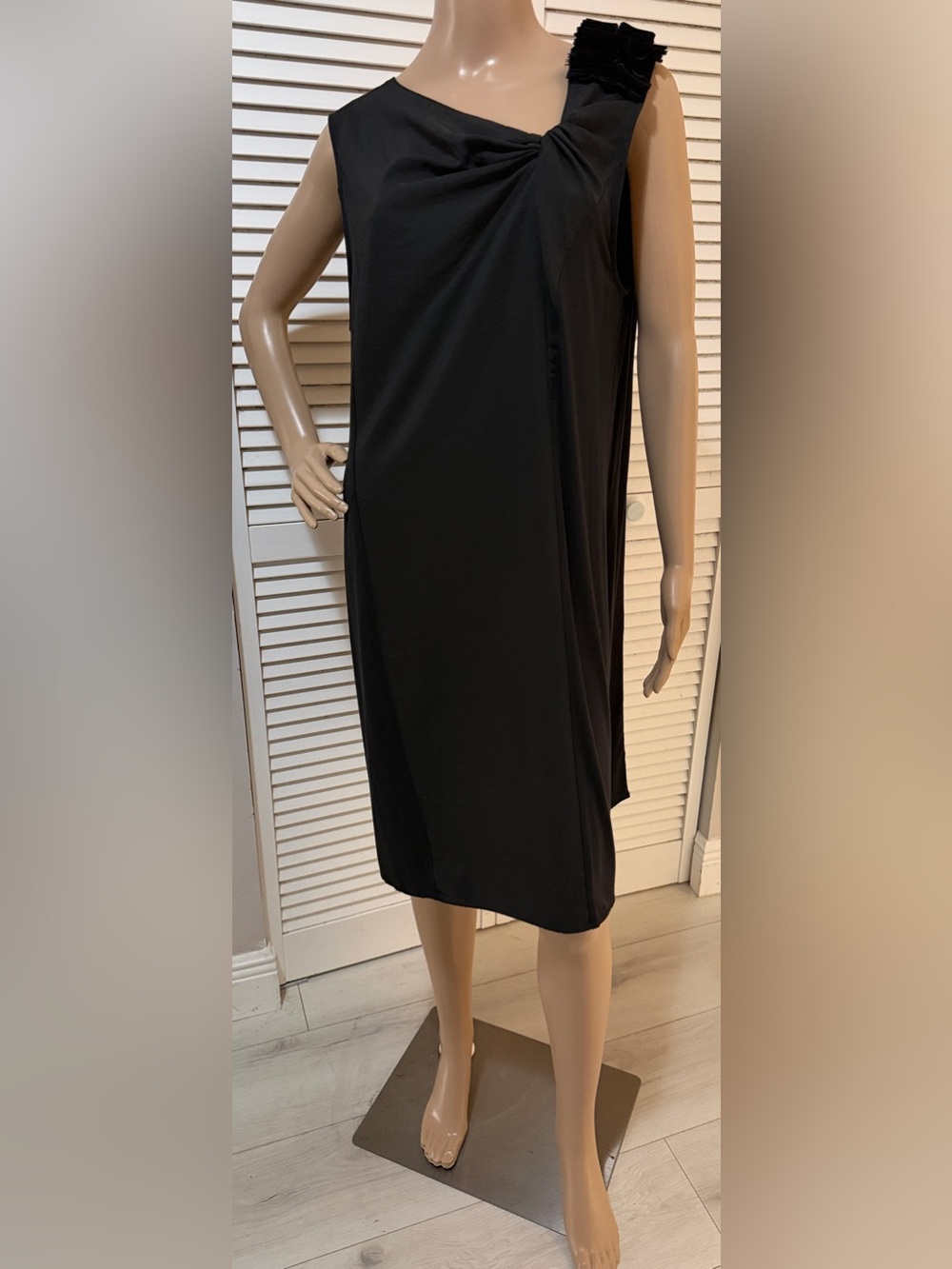 Black Draped Shift Dress Minimalist Cocktail Dress Rosette Shoulder Oversized